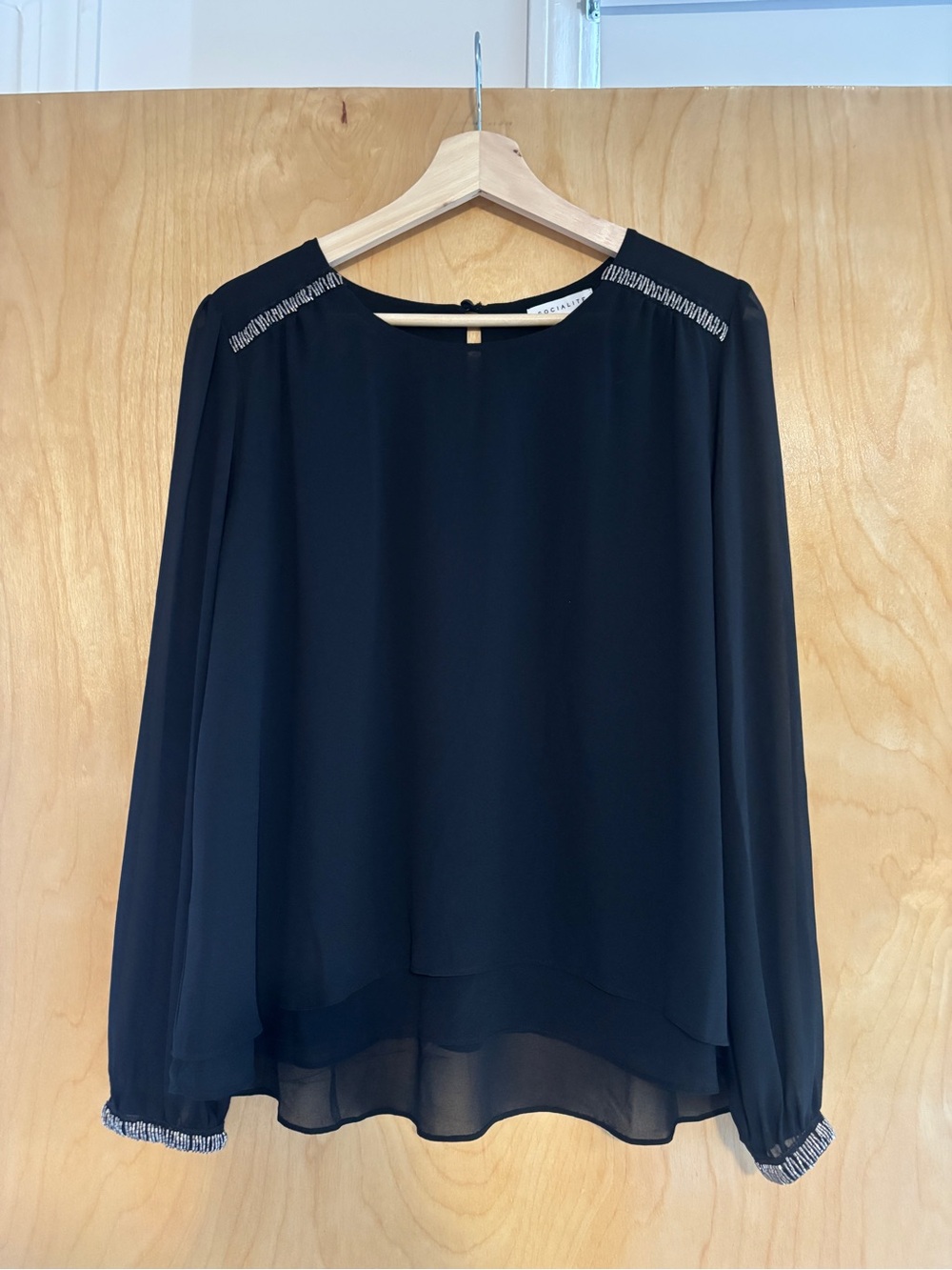 Socialite Black Long-Sleeve Blouse with Metallic Trim
